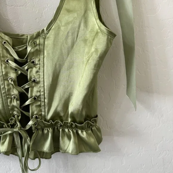 Lime Green Satin Tie Shoulder Lace Up Corset - Picture 5 of 9